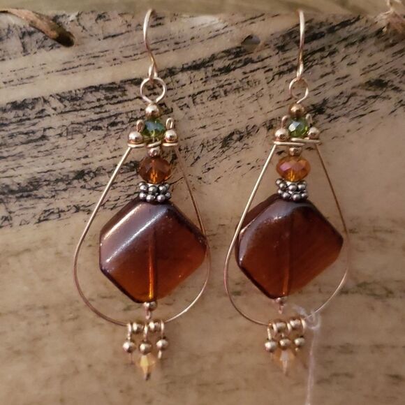 Dangling Goldtone Brown Bead Earrings - Picture 1 of 3